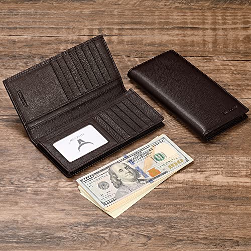 Image of HISCOW Full Grain Leather Men's Long Wallet, 15 Card Slots, Pebbled Coffee, 6.97 inchH x 3.5 inchW x 0.98 inchD, Classic | Gusseted bill compartment, tall bifold design, clear ID window, ideal for coat pockets or briefcases, turned-edge, gift box