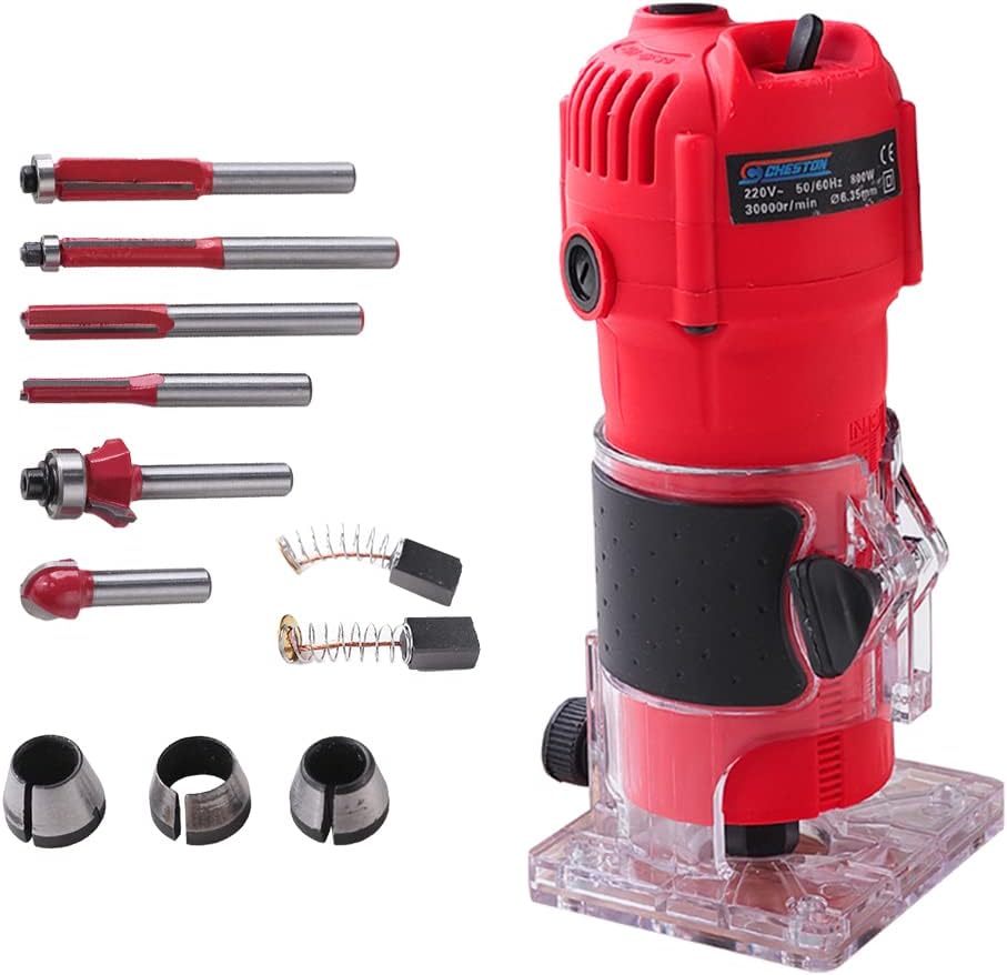 Cheston Trimmer Router 800W No-Load Speed 30000r/min Woodworking Tool Included 6 Router Bits & 6mm, 6.35mm Collets Palm Fixed Base 6-Bits Included & ToolBox Included
