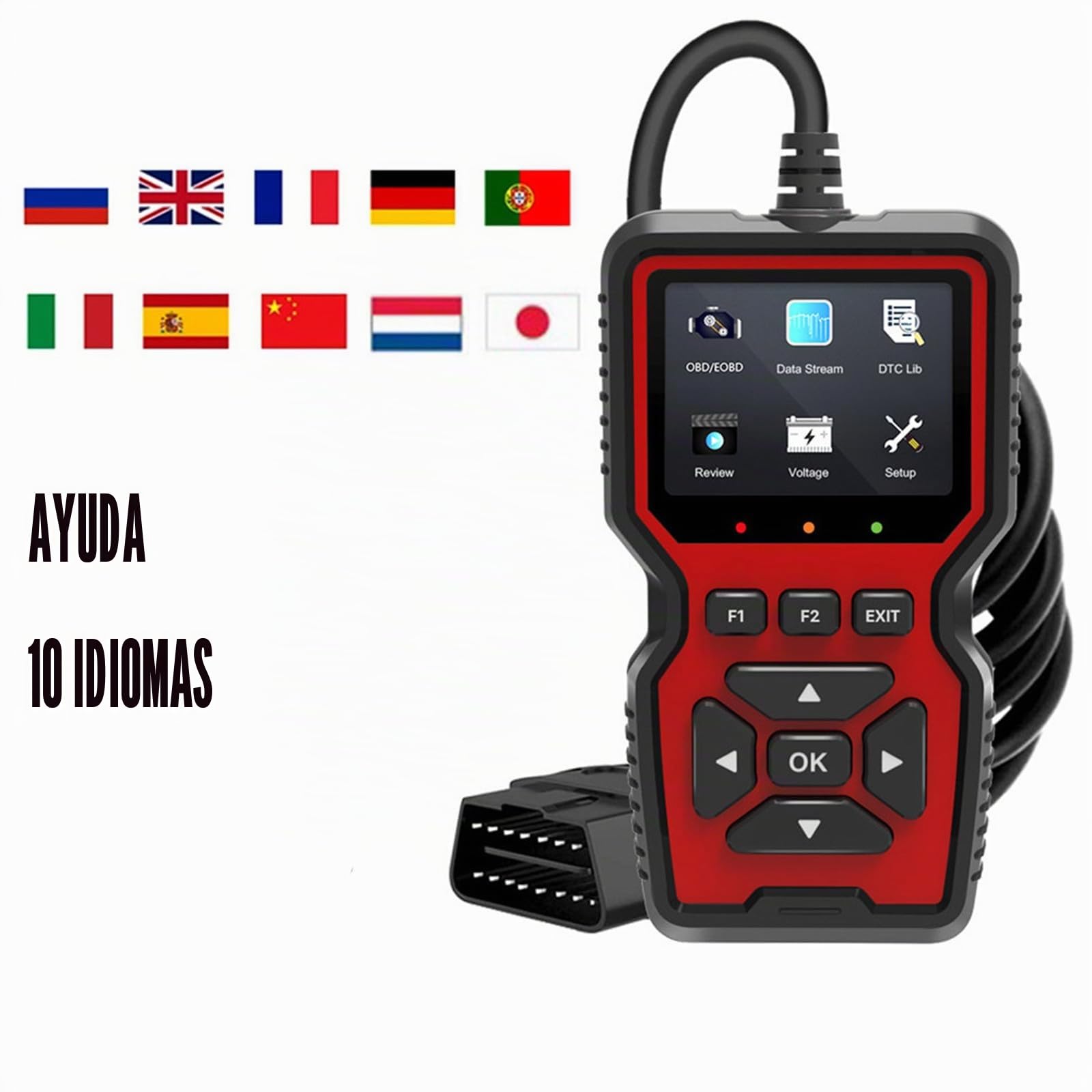 V519 obd2 Tarjeta de Lectura de código automotriz 9 OBD II/eobd protocolo estándar Detector de fallas automotrices Multifuncional 10 Idiomas (Rojo)