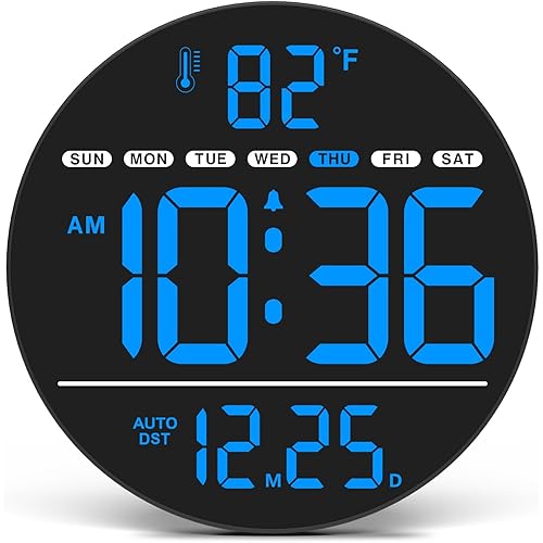WallarGe Large Digital Wall Clock with LED Display, Electric Wall Clock with Temperature, Auto DST, Date, and Day, 5-Level Brightness for Office, Bedroom, Living Room, Classroom Décor
