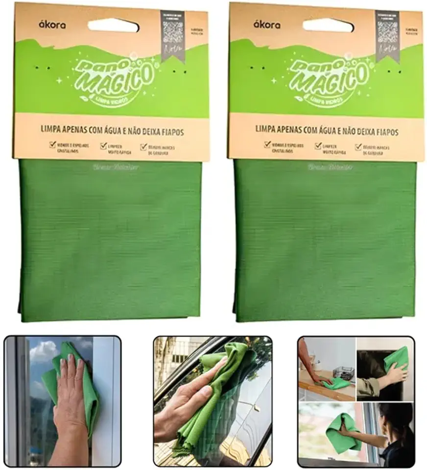 Ákora Pano Limpa Vidro Mágico Ecológico 40x40cm Poliéster e Poliamida Verde - Limpa Só com Água