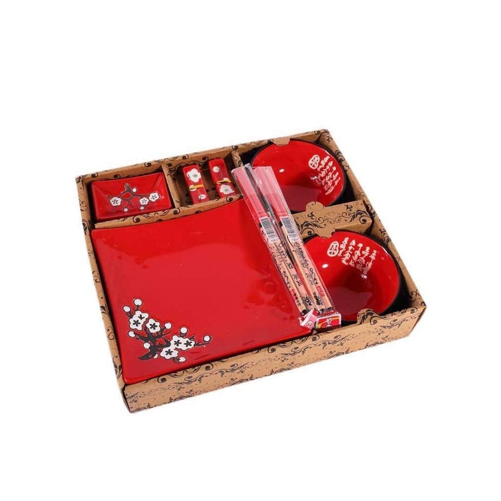 lachineuse - Service de Table Japonais Rouge - Vaisselle Japonaise Traditionnelle - Bols à Riz, Assiettes, Baguettes & Sauciers pour 2 Personnes - Cadeau Japon - Décoration de Table Asiatique