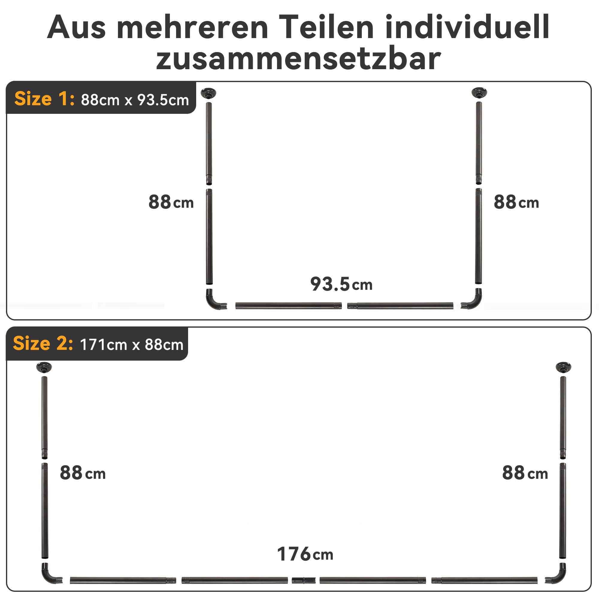 Duschvorhangstange U Form Duschstange 88x176x88 cm | Eckduschstange aus Stahl, Matt Schwarz | Inkl. Deckenstütze & 12 Haken | Montageset