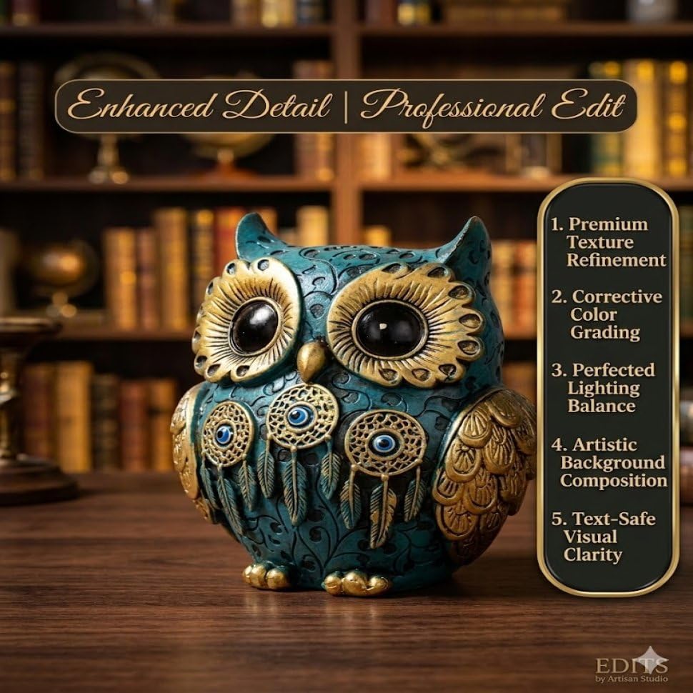 Image of Owl Showpiece for Home Decor, Resin Figurine with Gold Detailing, Lucky Evil Eye Owl Statue for Living Room, Office & Gifting (Blue)