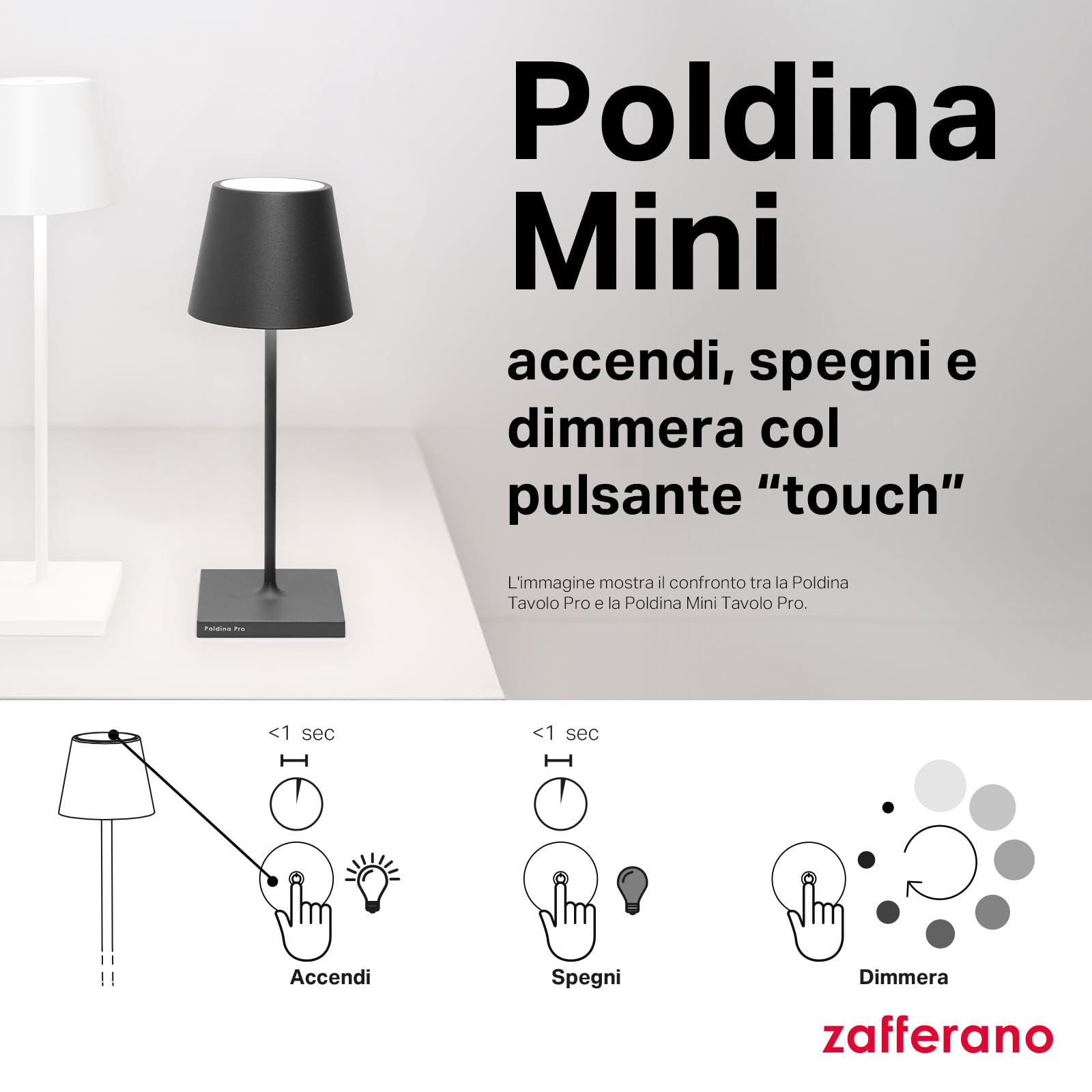 Zafferano, Poldina Pro Mini, Lampada da Tavolo Ricaricabile e Senza Fili con Controllo Touch, Utilizzabile anche come Lampada da Esterni, Dimmer, 2200-3000 K, Altezza 30 cm, Colore Bianco