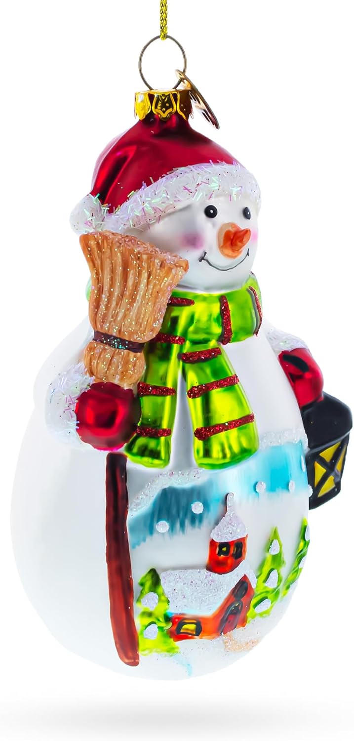 Snowman Holding Broom and Lantern Glass Christmas Ornament - Image 2