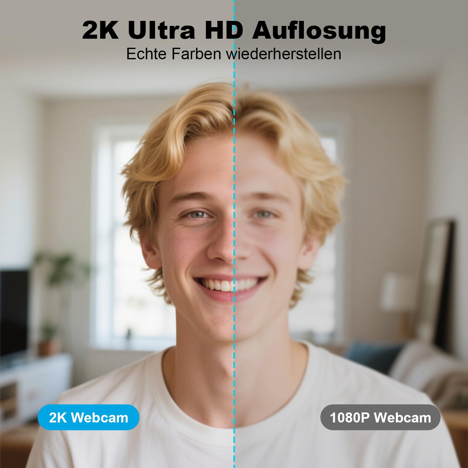 Webcam 2K Full HD, Neefeaer USB Webcam con microfono e copertura e treppiede, 85 punti di posizione, correzione automatica della luce, cancellazione del rumore, fotocamera PC con microfono compatibile