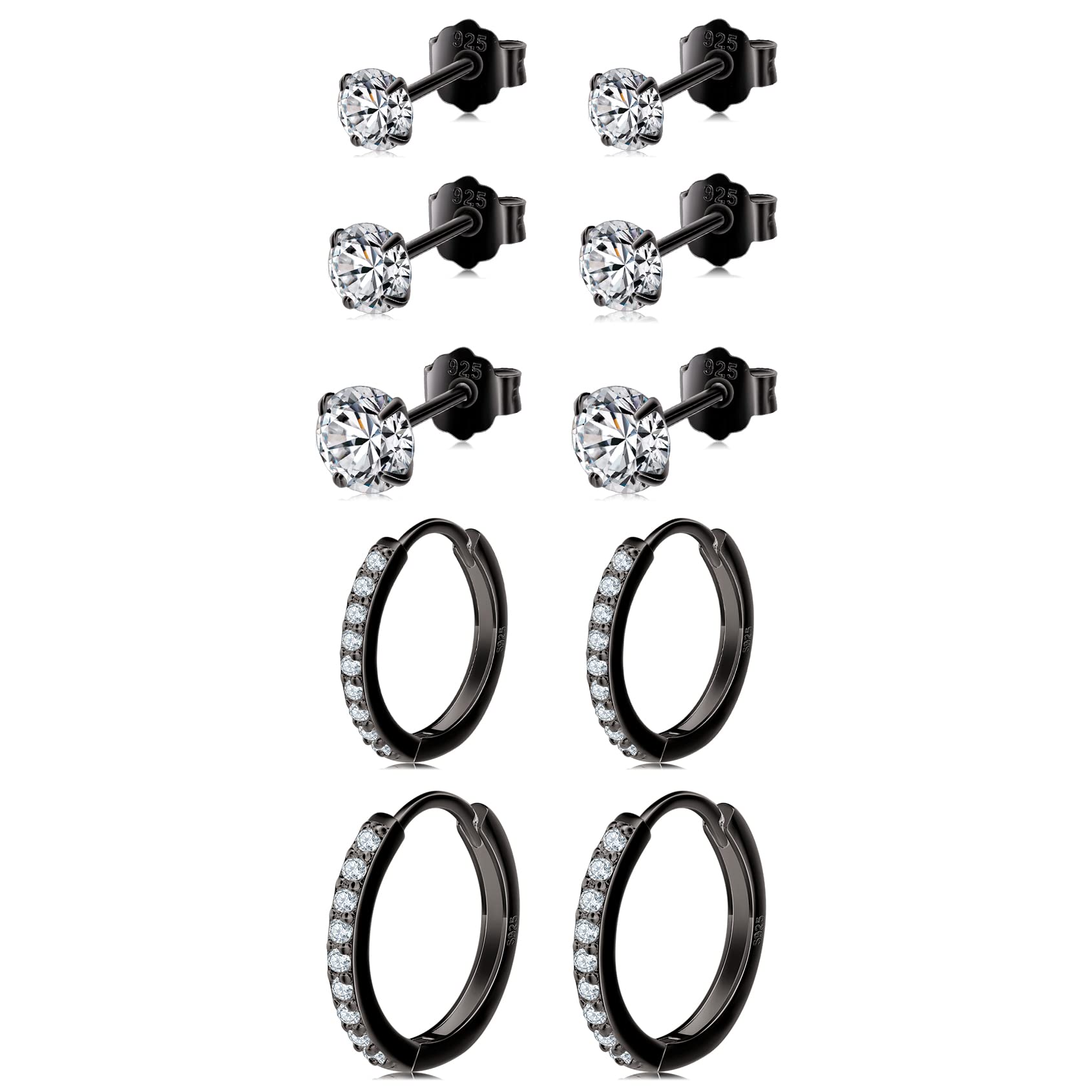 Small Sterling Silver Stud Earrings Set Tiny Cartilage Huggie Hoop Earrings Cubic Zirconia Cuff Earrings Silver Hoop Earrings for Women Men Girls, Metal, Cubic Zirconia