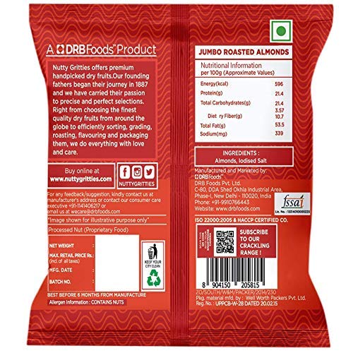 Image of Nutty Gritties California Roasted Almonds, Lightly Salted, Dry Roasted, Non Fried, Zero Oil, Crunchy Healthy Snack - 24g (Pack of 30)