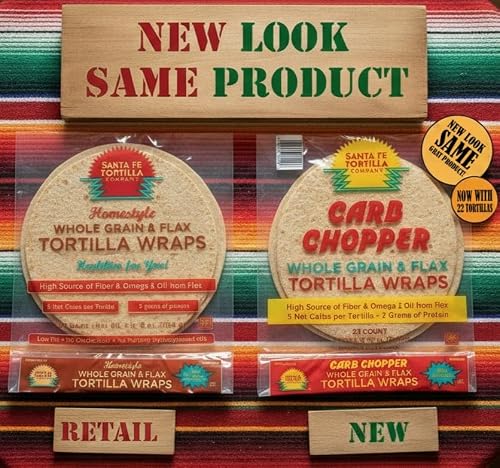 Santa Fe Tortilla Company Carb Chopper 9in Keto-Friendly Low-Carb Tortilla Wraps (22ct) - 5 Net Carbs, 100 Calories, 8g Fiber & Protein, 100% Whole Grain & Flax, Vegan, Heart-Healthy, No Trans Fats, Aluminum-Free, Kosher Certified, USA Made, Resealable Fr