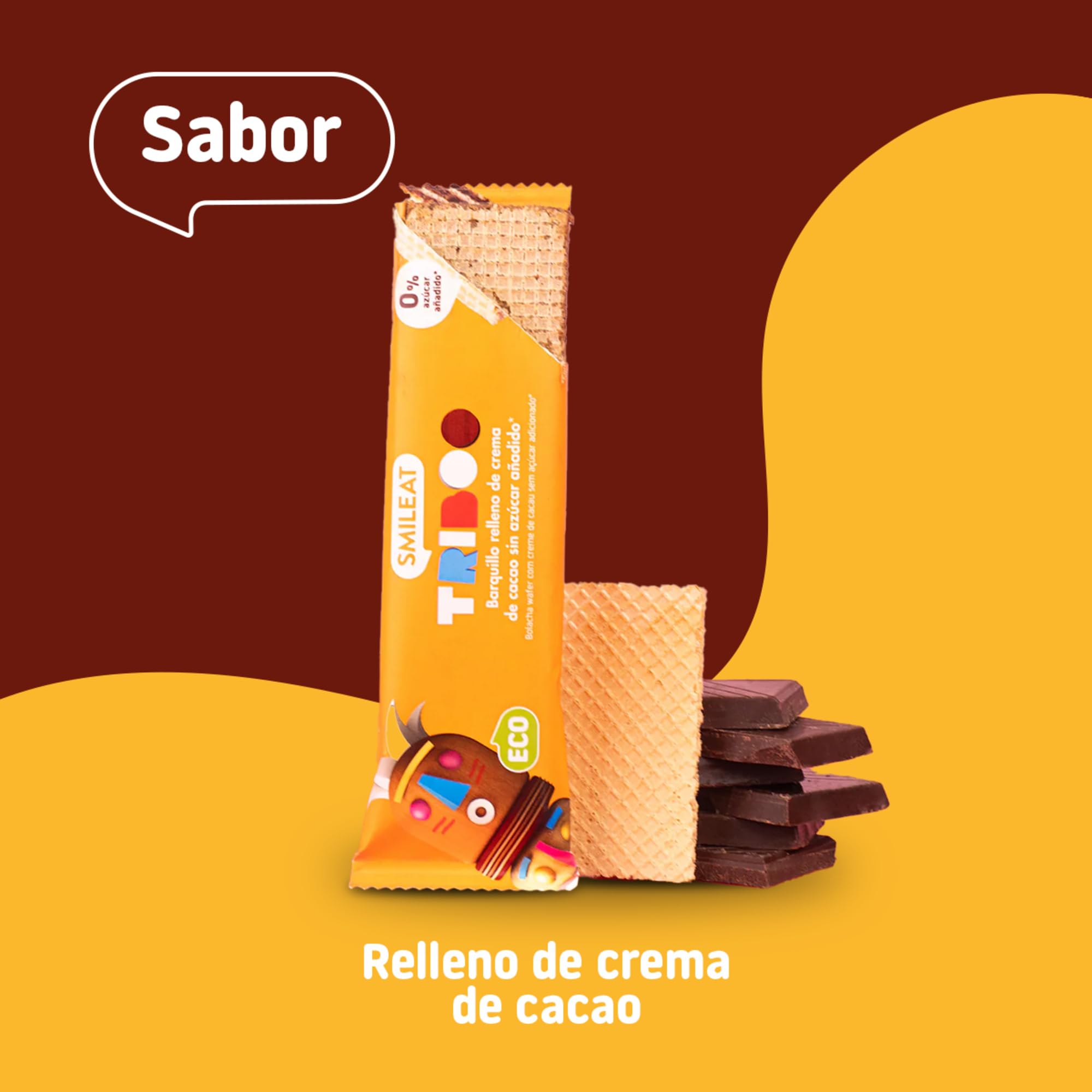 Smileat - Barquillo TRIBOO Relleno de Crema de Cacao - Snack con ingredientes ecológicos - Sin Azúcar Añadido - Merienda Crujiente con alto contenido de fibra