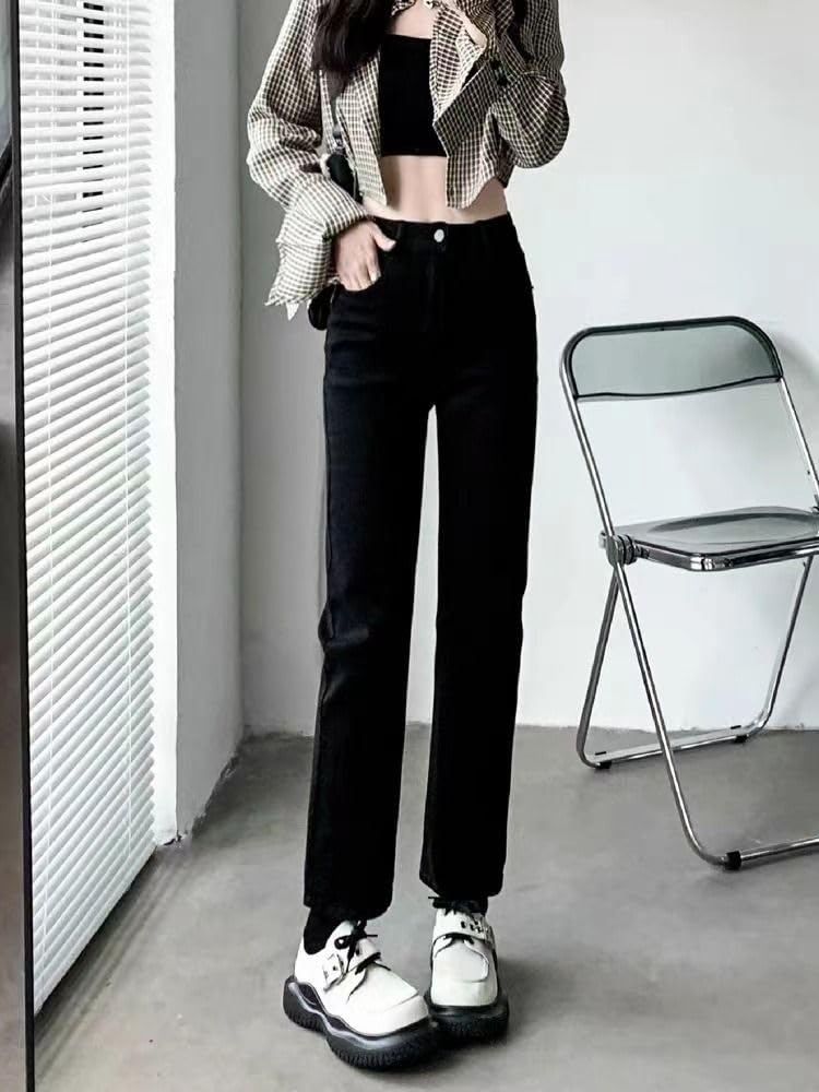 Pantalones Vaqueros Ajustados para Mujer Negro Primavera Otoño Tiro Alto Ajustados Pierna Recta Tobilleros