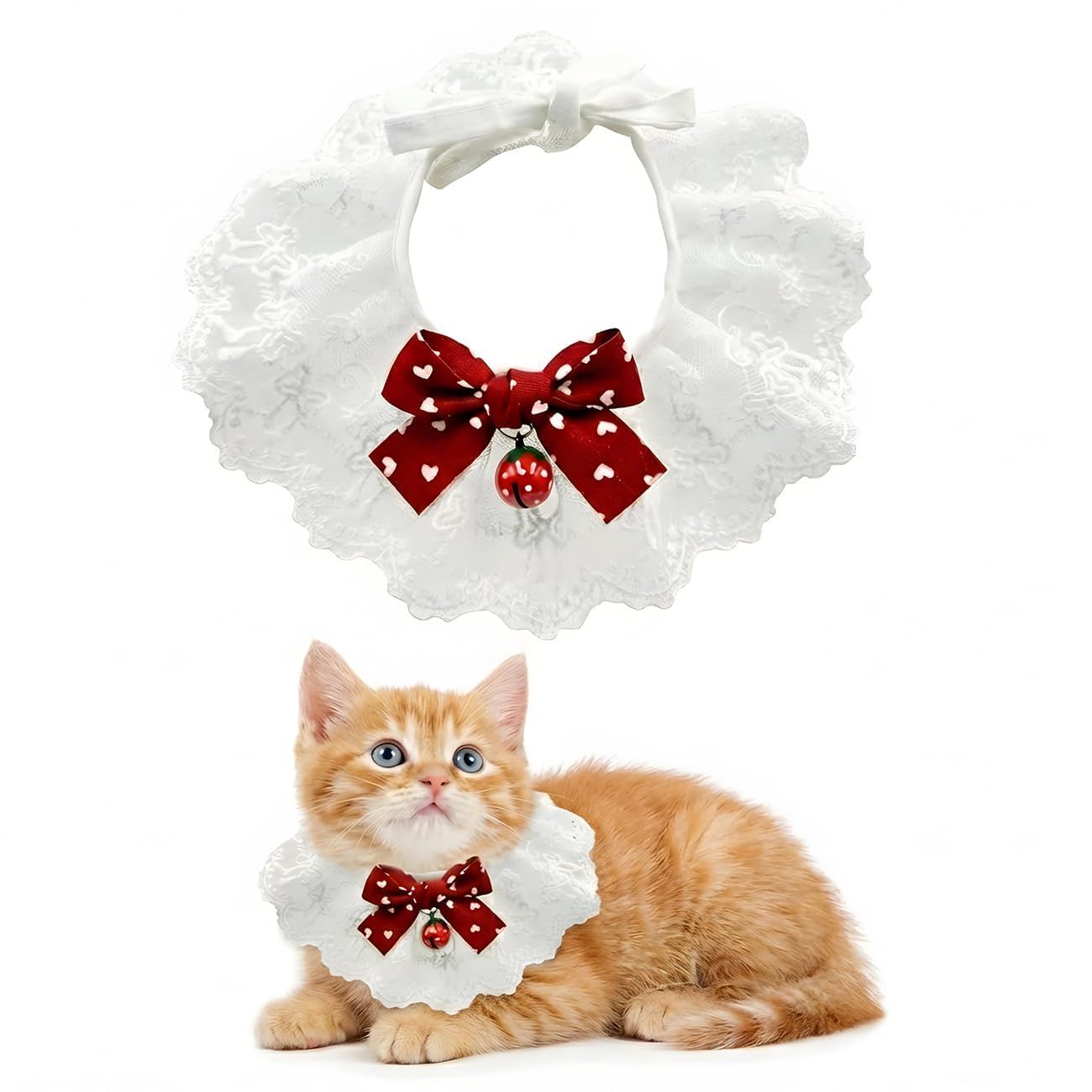 Adjustable Lace Cat Collar with Bell, Cute Bow Bib for Cats | Soft lace cat collar, adjustable fit, with bell, cute cat bow design, stylish cat necklace style for photos.-image-9