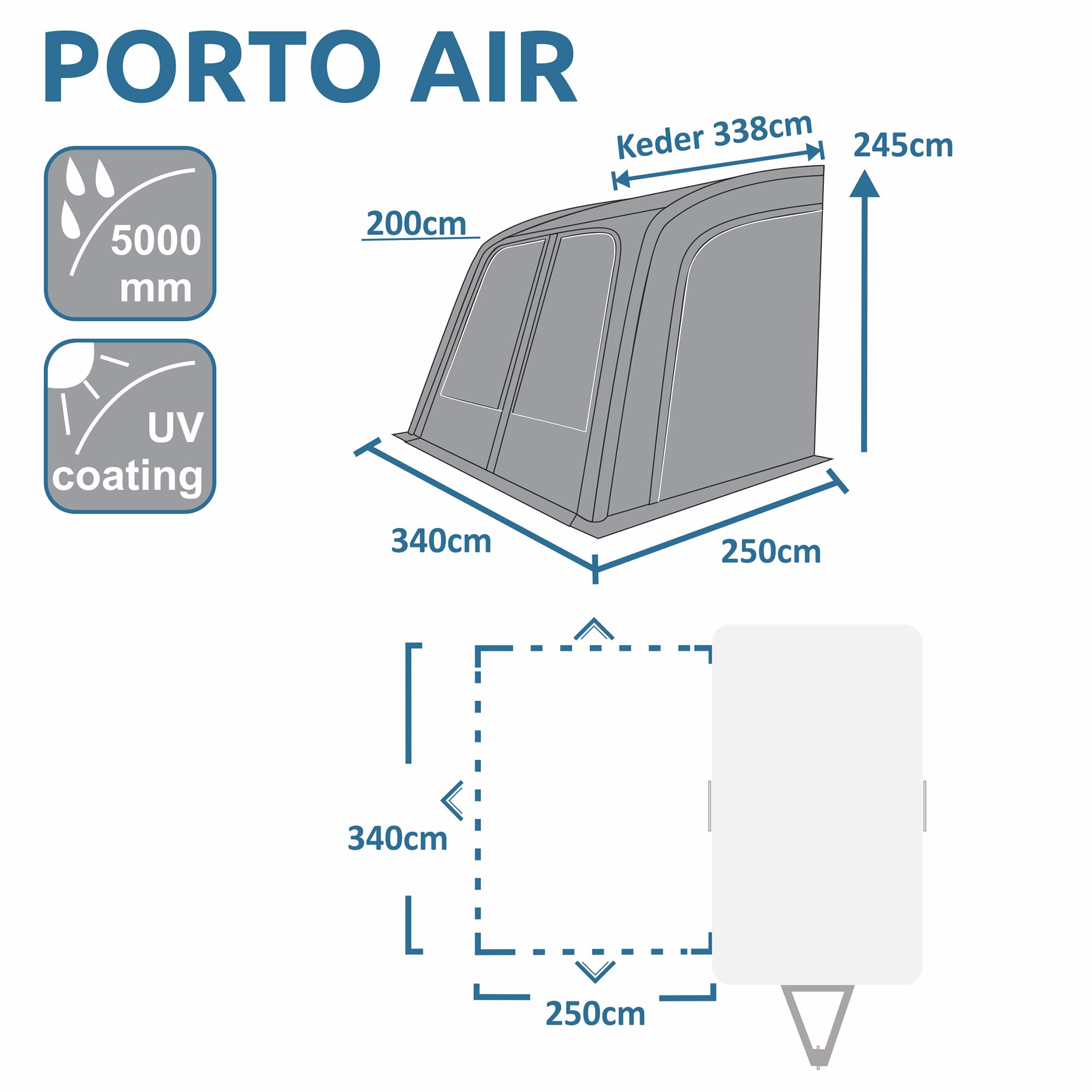 your GEAR Porto Air - Tenda gonfiabile, 340 x 250 cm, tenda parasole da viaggio, tenda per roulotte