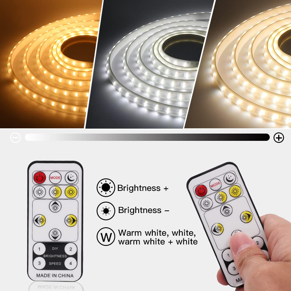 Dimmbar LED Streifen, 220V 2835 SMD 120LEDs/m 3000K Warmweiß bis 6500K Kaltweiß Lichtleiste, 3 Farben in 1 Strip, Flexible Kaltweiß LED Lichtschlauch CCT Abstimmbar mit IR Fernbedienung(7m)