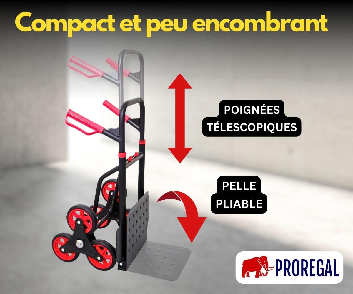 PROREGAL Diable Pro pour escaliers Taurus | HxLxP 110x45x61 cm | Capacité de Charge 150kg | Acier| TPR- Roues Caoutchouc| Rouge-Noir