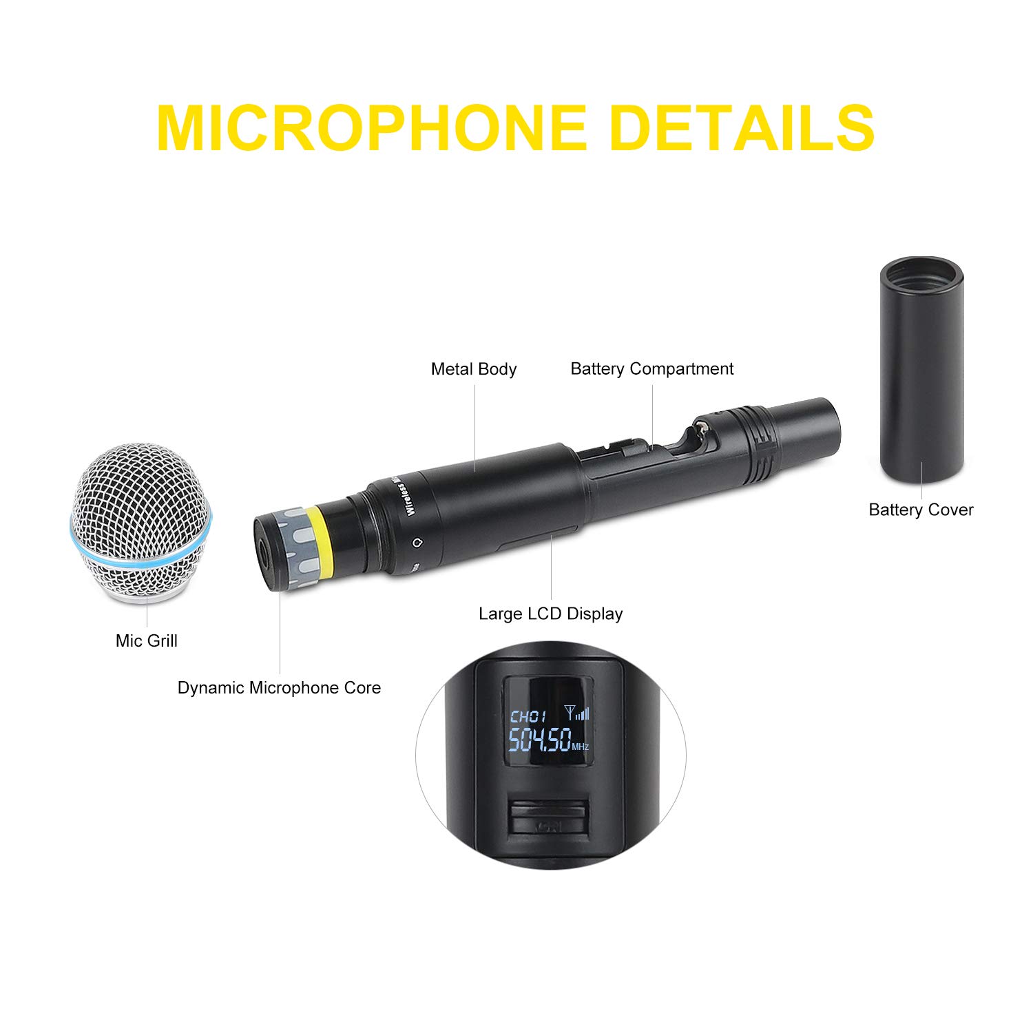 XTUGA Kabelloses Mikrofonsystem mit 4 Handmikrofon, 4-Kanal-UHF-Schnurlosmikrofon-Set, Ganzmetallbau, kabellose Mikrofone, Festfrequenz, Karaoke-System, lange Reichweite, 79,2 m (A140)