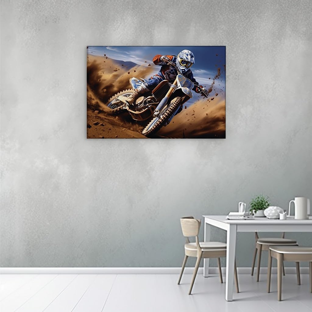 Canvas for Living room. Desert Dynamo: Mastering Sandy Straits on a Dirt Bike, 27 x 18 inch Canvas Wall Art - Contemporary Masterpieces - Modern Home Decor