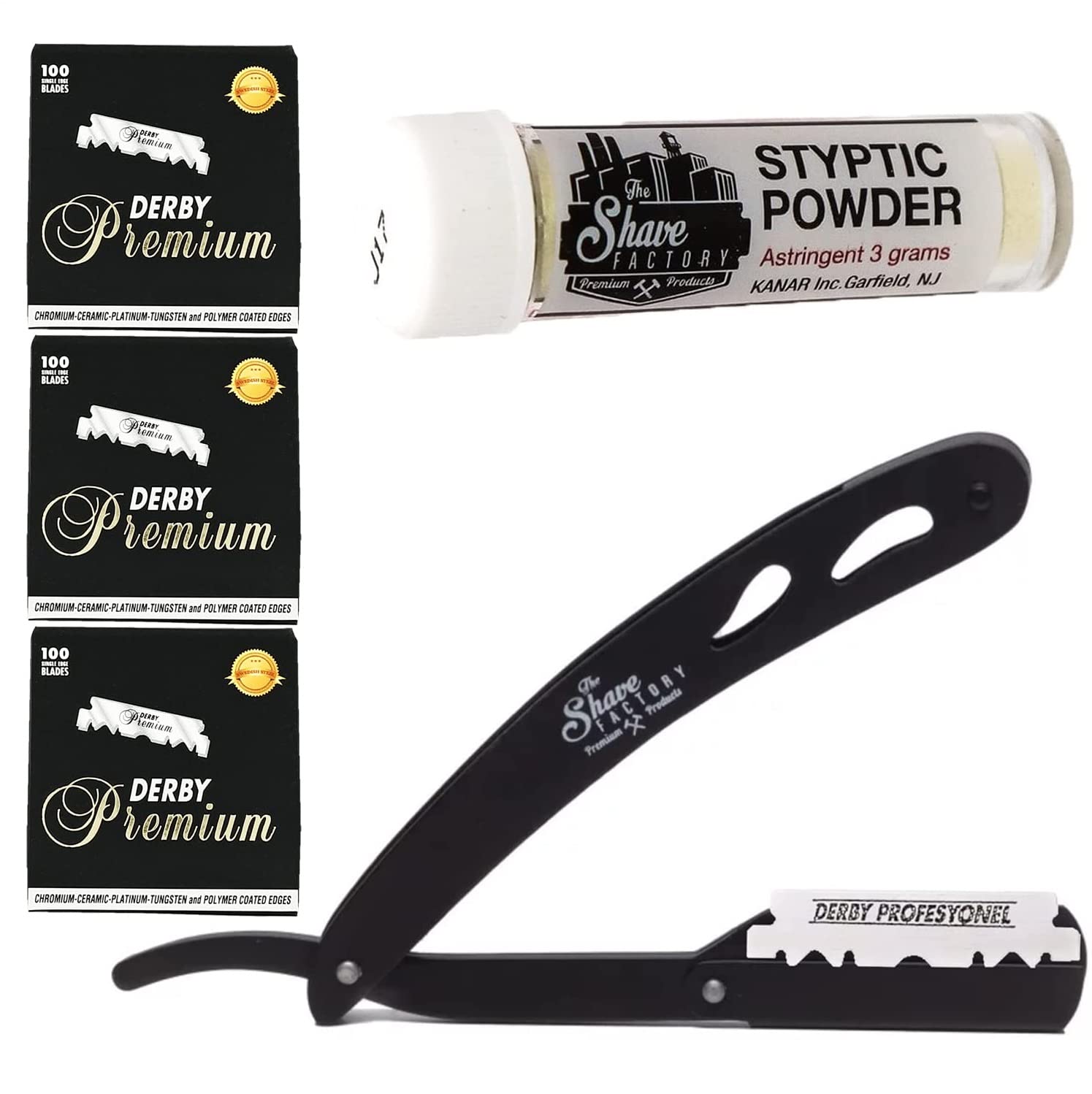 The Shave Factory - Shave Kit, Straight edge razor, single edge razor and styptic powder, starter shave kit, shaving kit (Black Razor/Premium Single Edge/Styptic Powder)