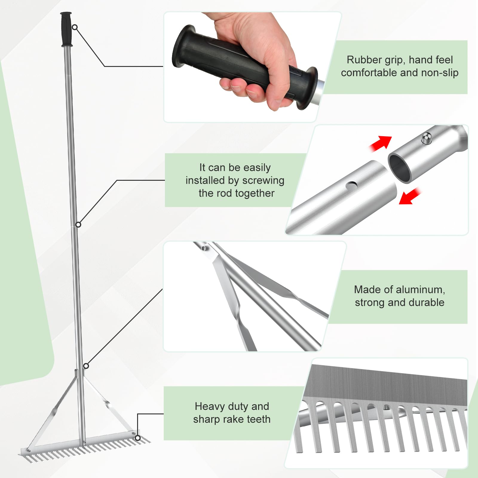 EFUTURETIME 61cm Rechen, Harke Garten mit 170cm Stiel, Gartenrechen Leicht aus Aluminium, Rasenrechen Landschaftsrechen Planierrechen, Gartenzubehör zum Lockern Boden und Nivellieren Rasen