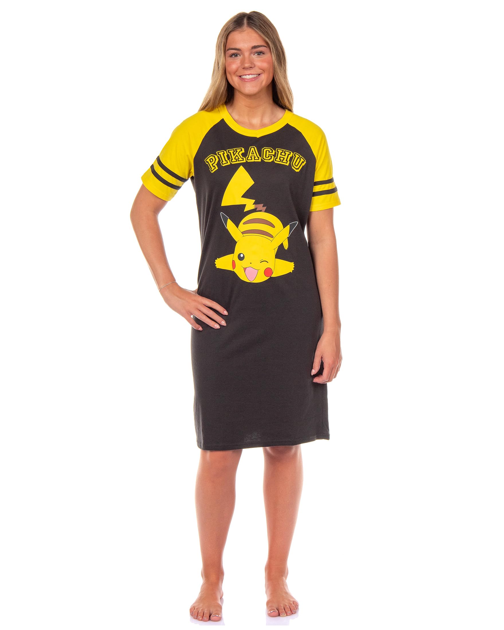 Bioworld Pokemon Pajama Women's Varsity Raglan Sleep Shirt V-Neck Nightgown, Black/Yellow, XXL