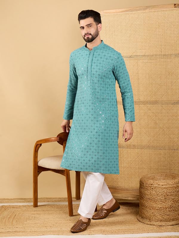 Image of Men's Solid Embroidered Long Straight Kurta | Men's Kurta | Embroidered Chikankari Kurta for Men | Straight Fit Kurta for Men