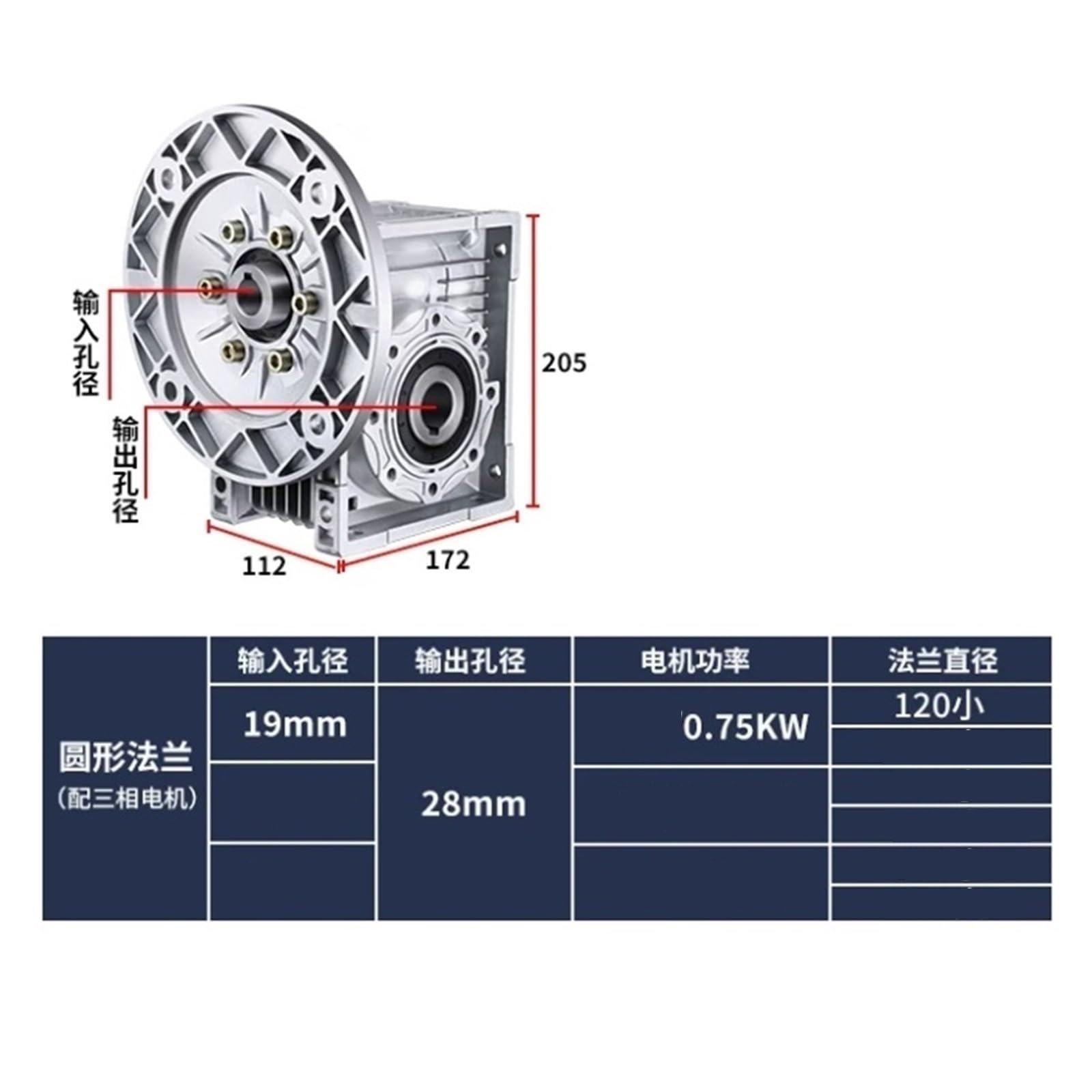 Réducteur à vis sans fin NMRV75, alésage de sortie 28 mm, largeur de clé 8 mm, diamètre de bride 120 mm, alésage d'entrée 19 mm, puissance du moteur 0,75 kW