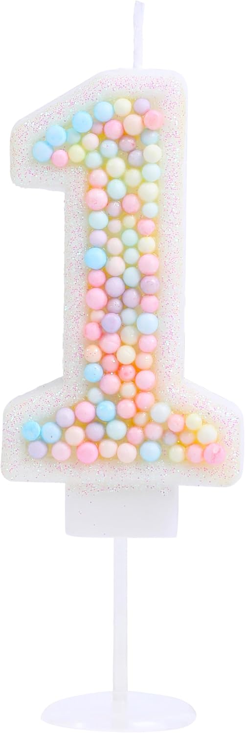 Pastel Number 1 Candle, Macaron Glitter 3D Cake Topper Party Decor