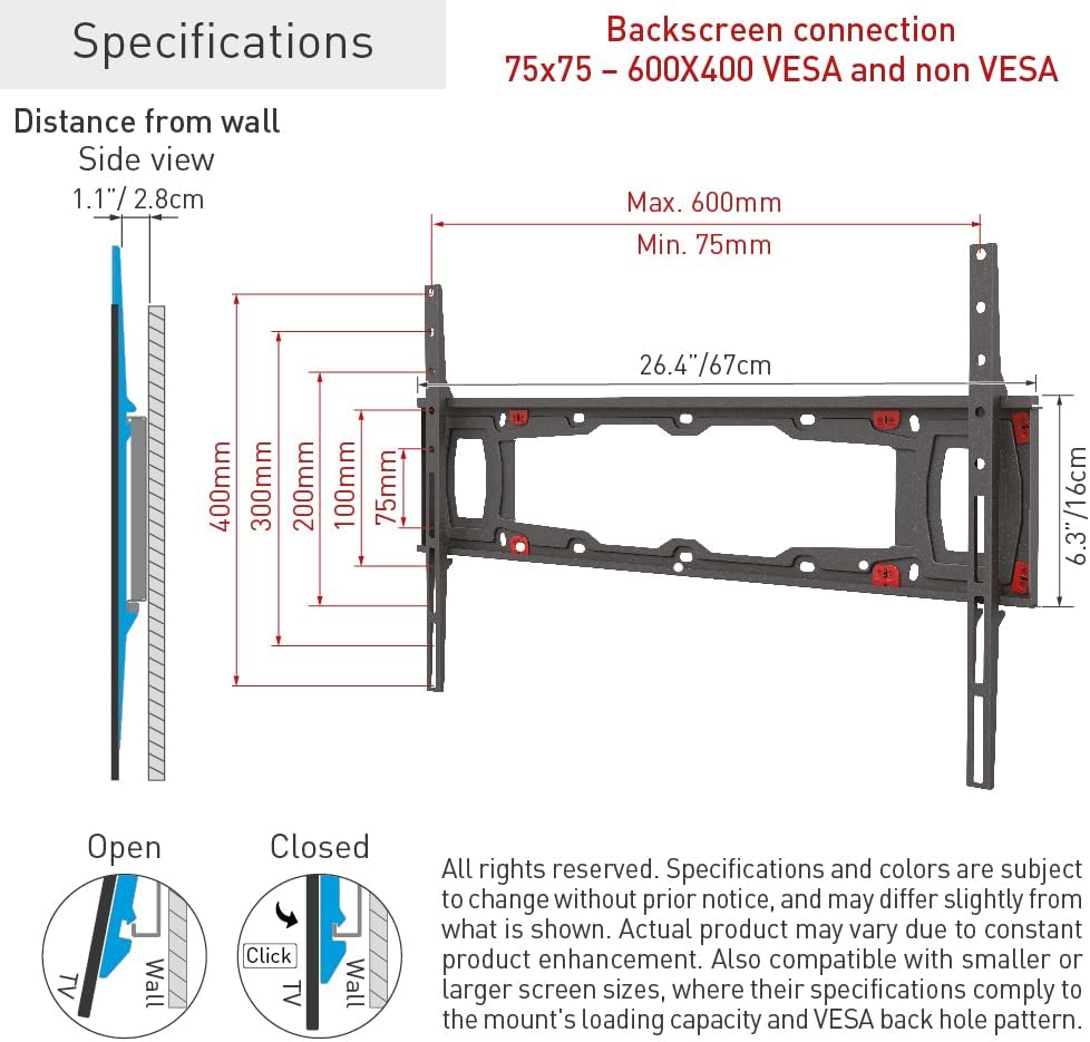 Product packaging back showing detailed specifications and dimensions for the Barkan TV wall mount.