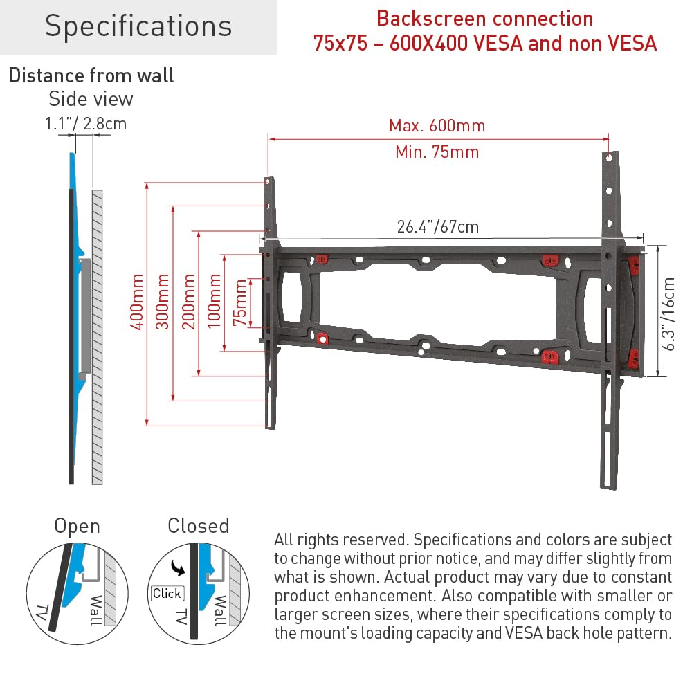 Barkan TV Wall Mount, 29-75 inch Fixed, Drywall No Stud No Drill Flat/Curved Screen Bracket, Holds up to 95 lbs, Patented, Very Low Profile, 5 Year Warranty, Fits LED OLED LCD, Black (ND400.B)