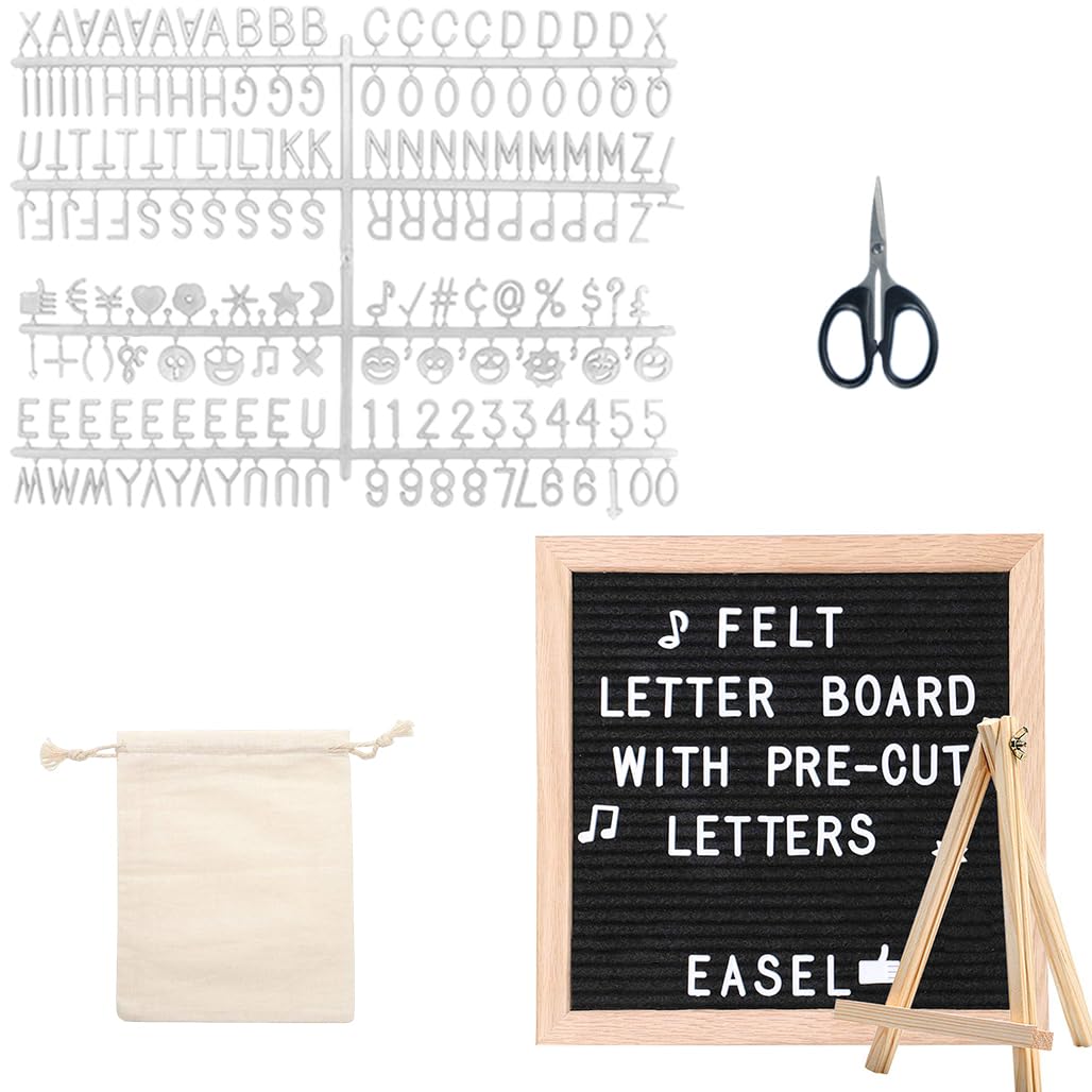 Goodern Felt Letter Board with 340 Letters,25×25cm Frame Wooden Changeable Message Board with Pre-Cut Letters Numbers Easel Stand and Scissors Notice Notes Board Sign for Home Office Decor-Black