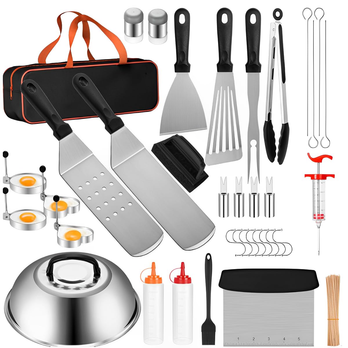 Kit di accessori per piastra da 137 pezzi, in acciaio inox, utensili per barbecue per griglia piatta, piastra e cottura all'aperto, include pressa per hamburger, spatole per grill, cupola, pinze e