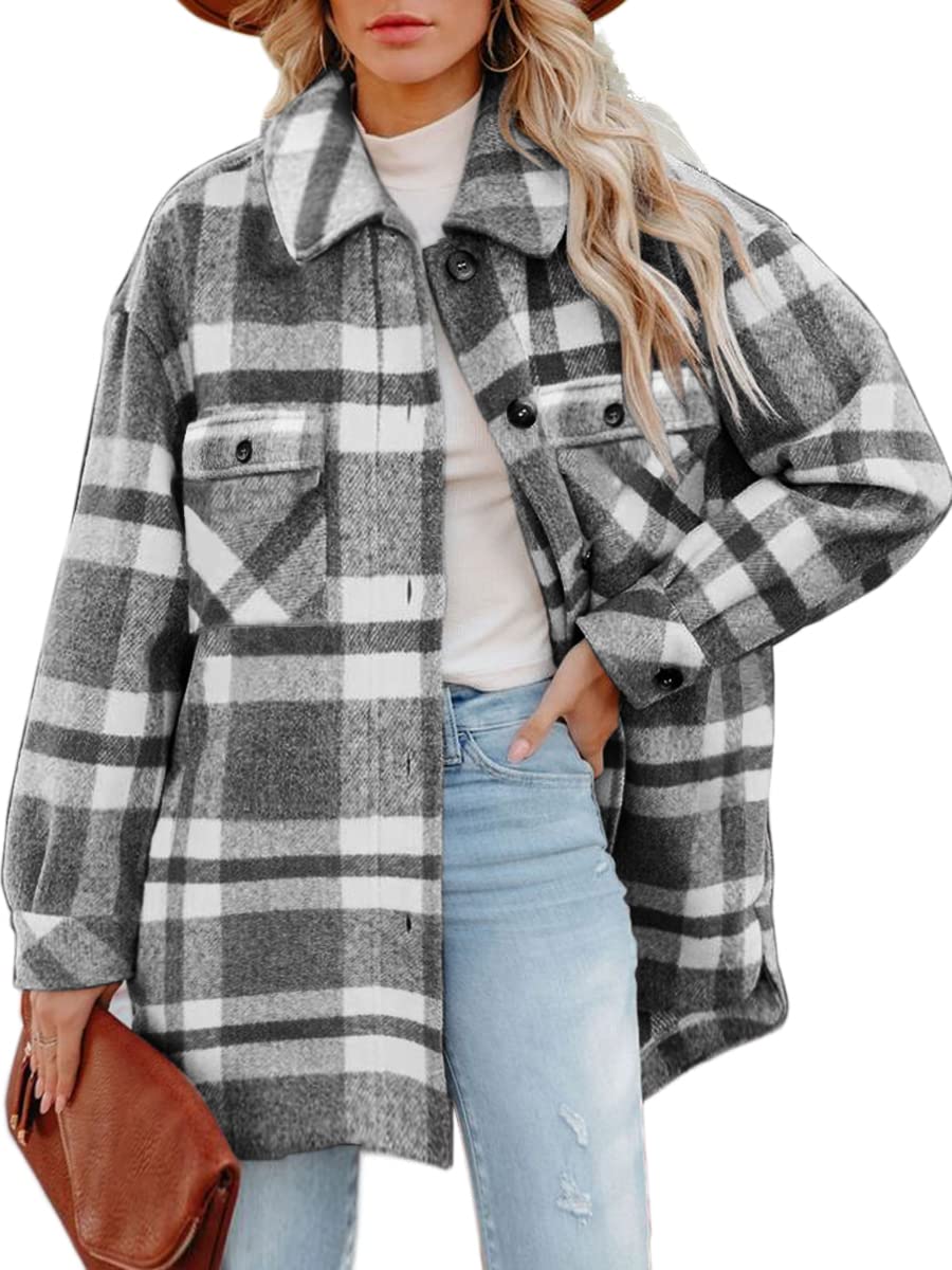 CHYRII Women's Casual Flannel Plaid Shacket Button Down Long Sleeve Shirt Jacket Coats with Pockets