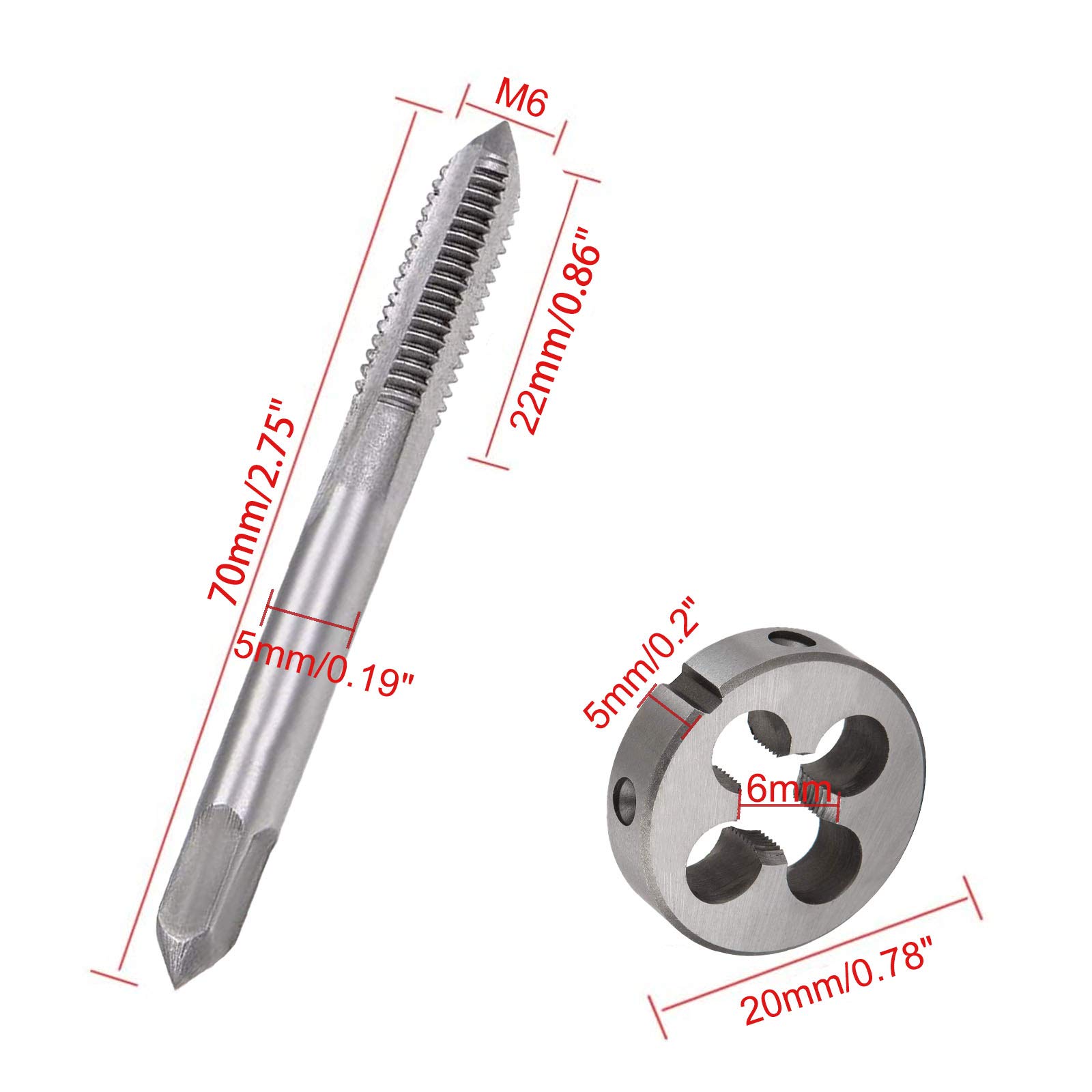 M6 X 1.0mm HSS Tap & Die Set – Right Hand, 3-Flute Taper Tap, Round Thread Die, For Soft Metal, Aluminum, Iron, Silver Tone, 2-Piece