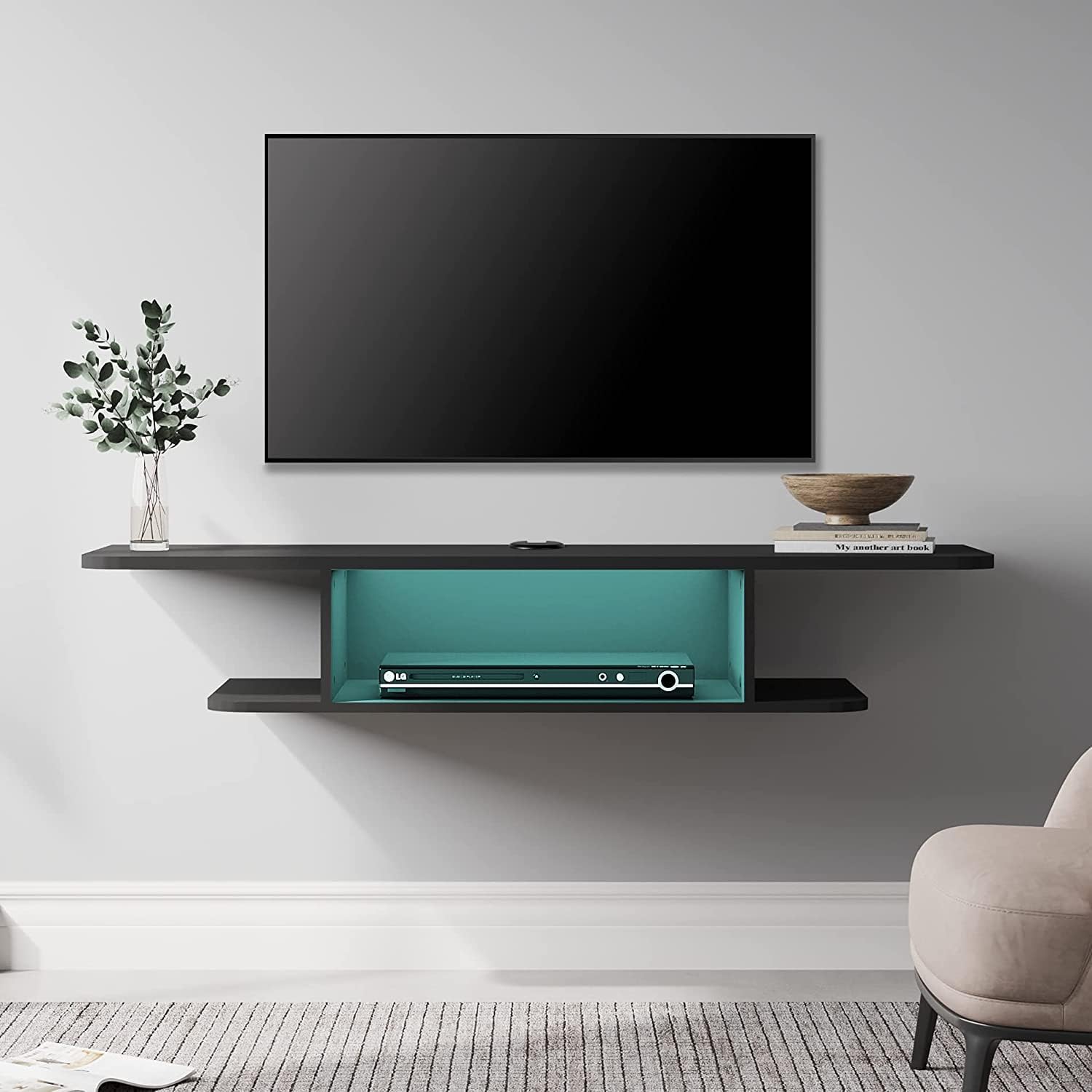 FITUEYES Black Floating TV Stand Wall Mounted Entertainment Shelf with