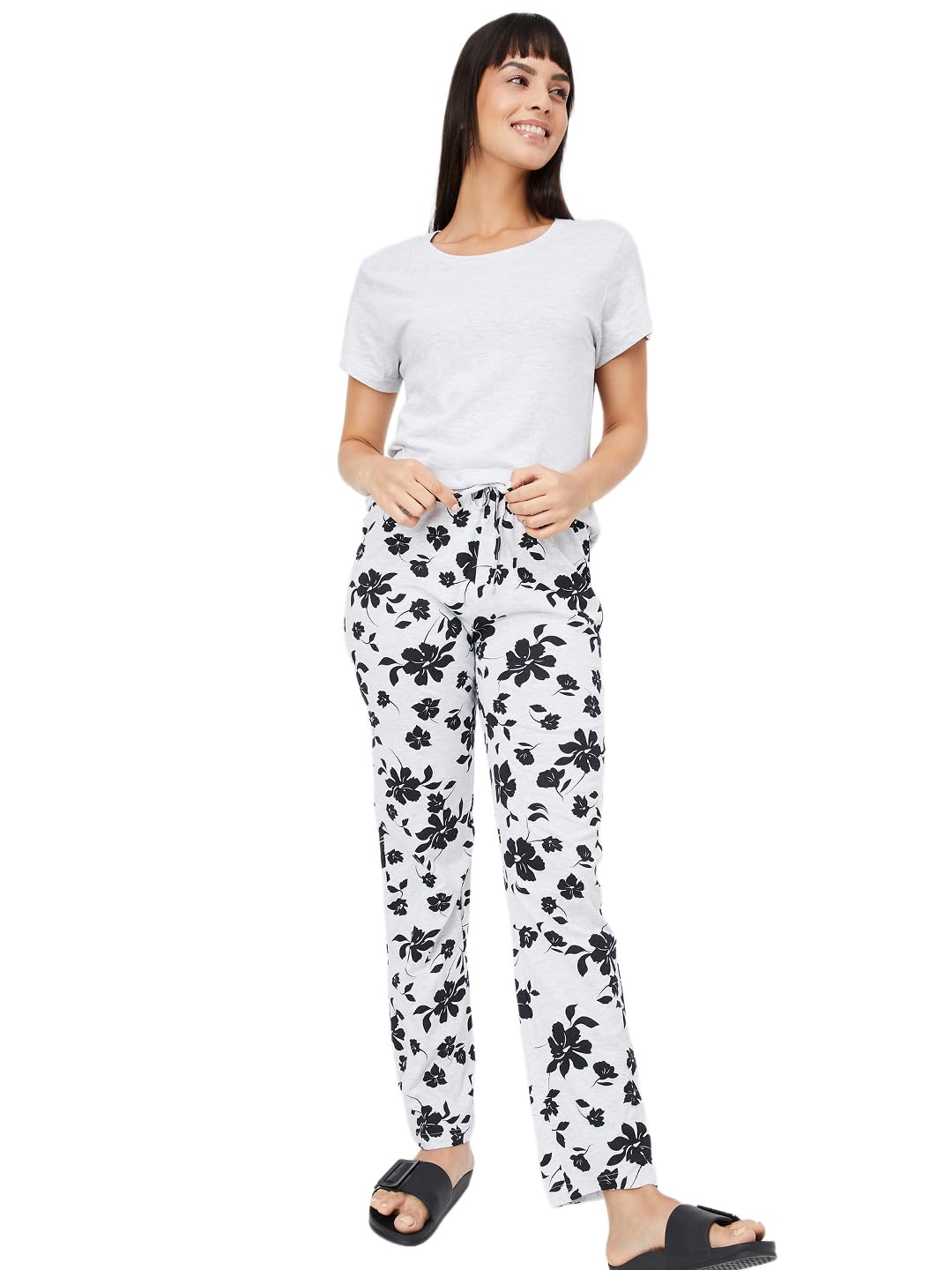 Women Floral Print PJ Set(Grey_L)-image-0