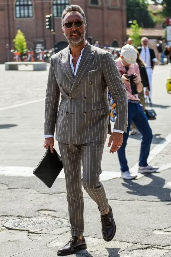 HZUOU Mens Suits 2 Piece Pinstripe Linen Wedding Tuxedos Double Breasted Formal Business Coat Pant Sets HZH182