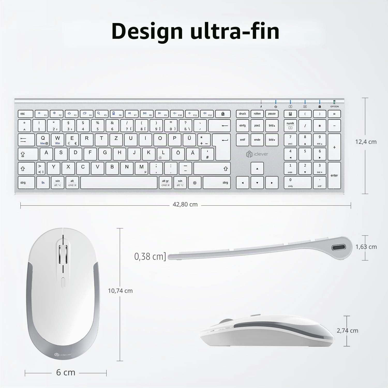 iClever Ensemble clavier et souris sans fil, clavier et souris sans fil 2,4 G, USB-C rechargeable, taille originale, clavier fin, fin et résistant pour Windows 7/8/10, Mac OS