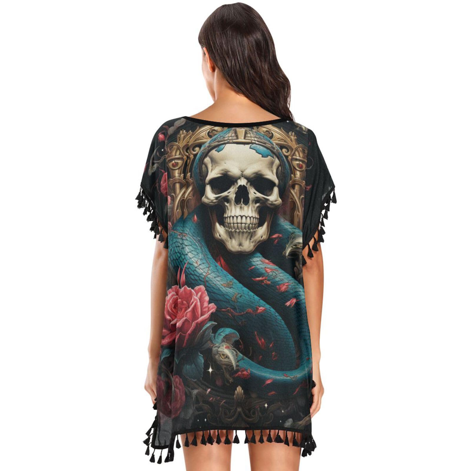 KAAVIYO Princess Snake Skull Rose Women's Beach Cover Up Chiffon Tassel Swimwear Swimsuit Coverups for Girl