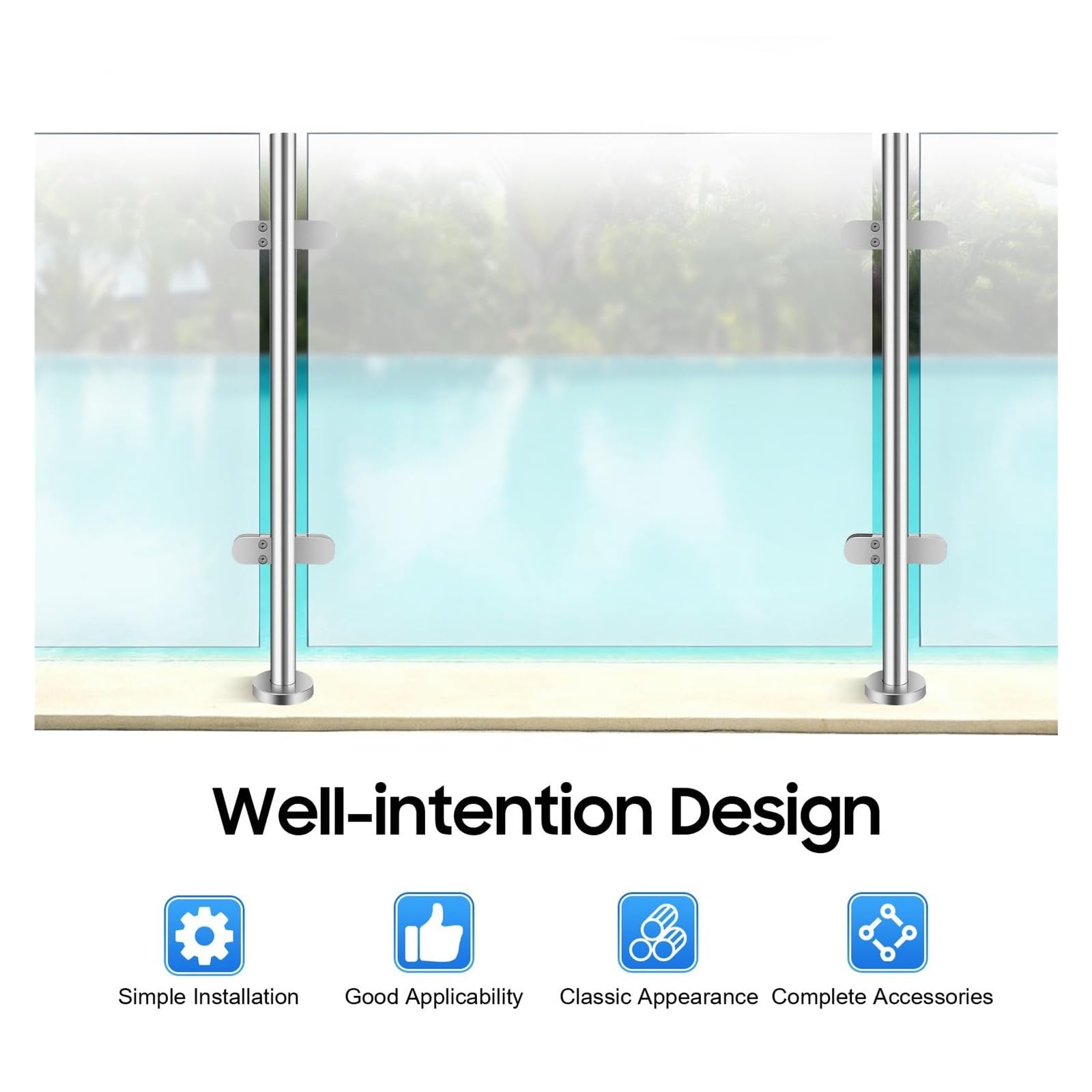 Ringhiera in acciaio inox da 90 cm con morsetti in vetro per 10-12 mm, per la sicurezza di giardino, piscina e balcone, design elegante