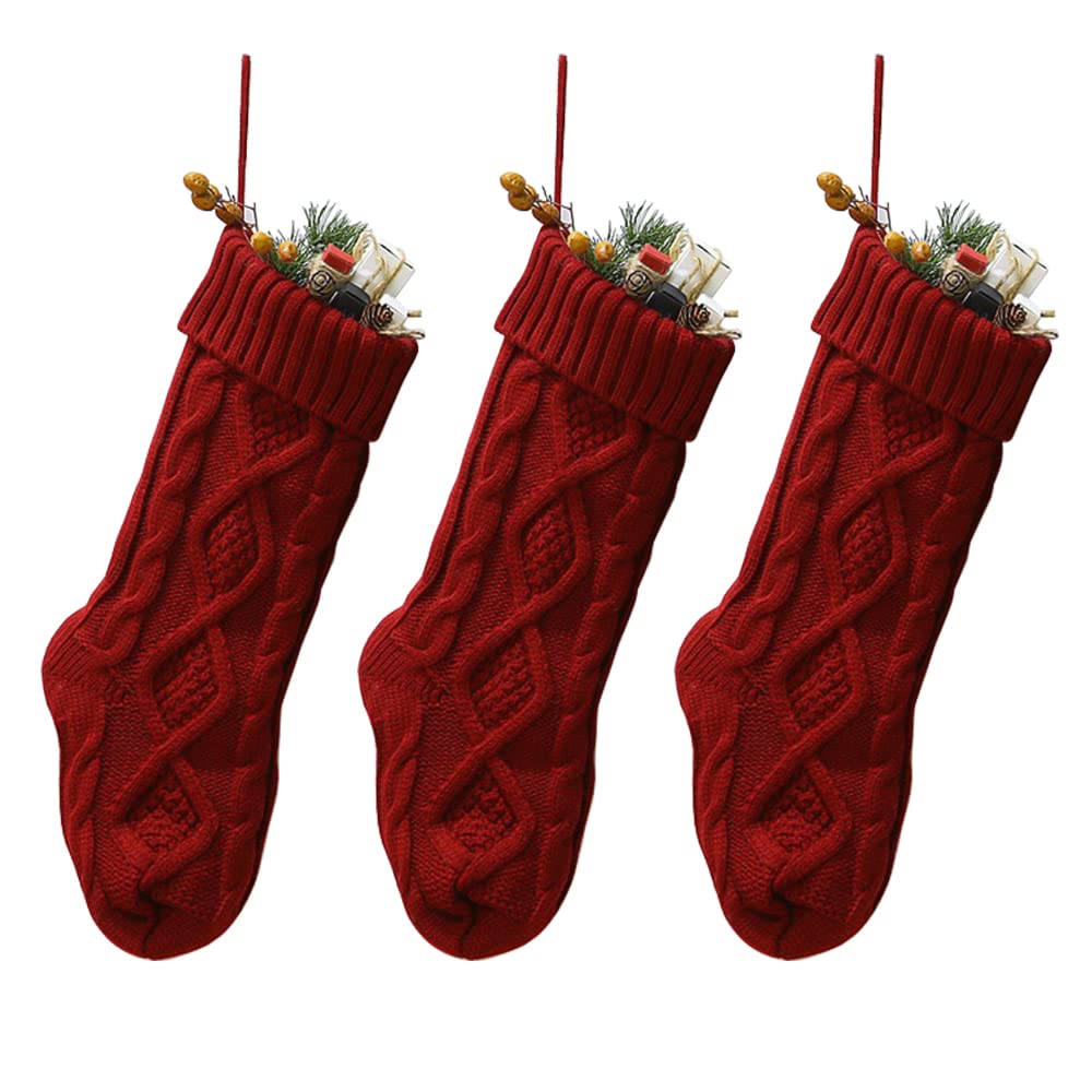 YUEWO 46cm Christmas Stockings Burgundy Ivory Green Knitted Pattern Large Fireplace Hanging Stockings Decoration Use 3 Pack (Burgundy)