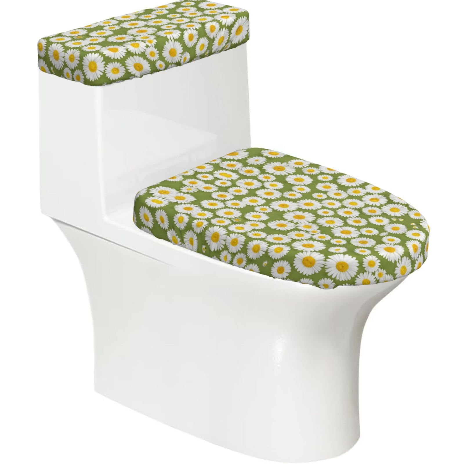 Olive Daisy Print Elastic Toilet Cover Set of 2-Stretchy Lid and Tank Covers for Bathroom, Soft Washable U Shape Toilet Decor