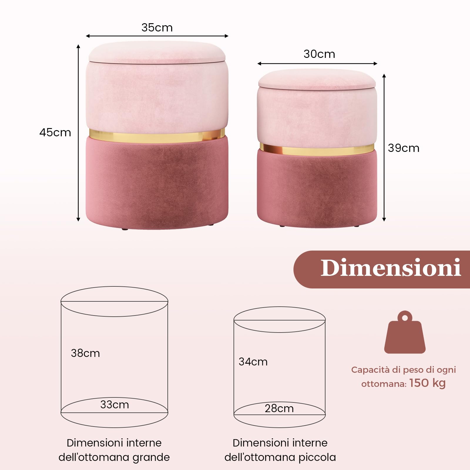 GIANTEX Juego de 2 Otomanas de Terciopelo, 2 Taburetes Tapizados 30 cm y 35 cm, Espacio de Almacenamiento, Taburetes Reposapiés para Entrada, Salón, Dormitorio (Rosa)
