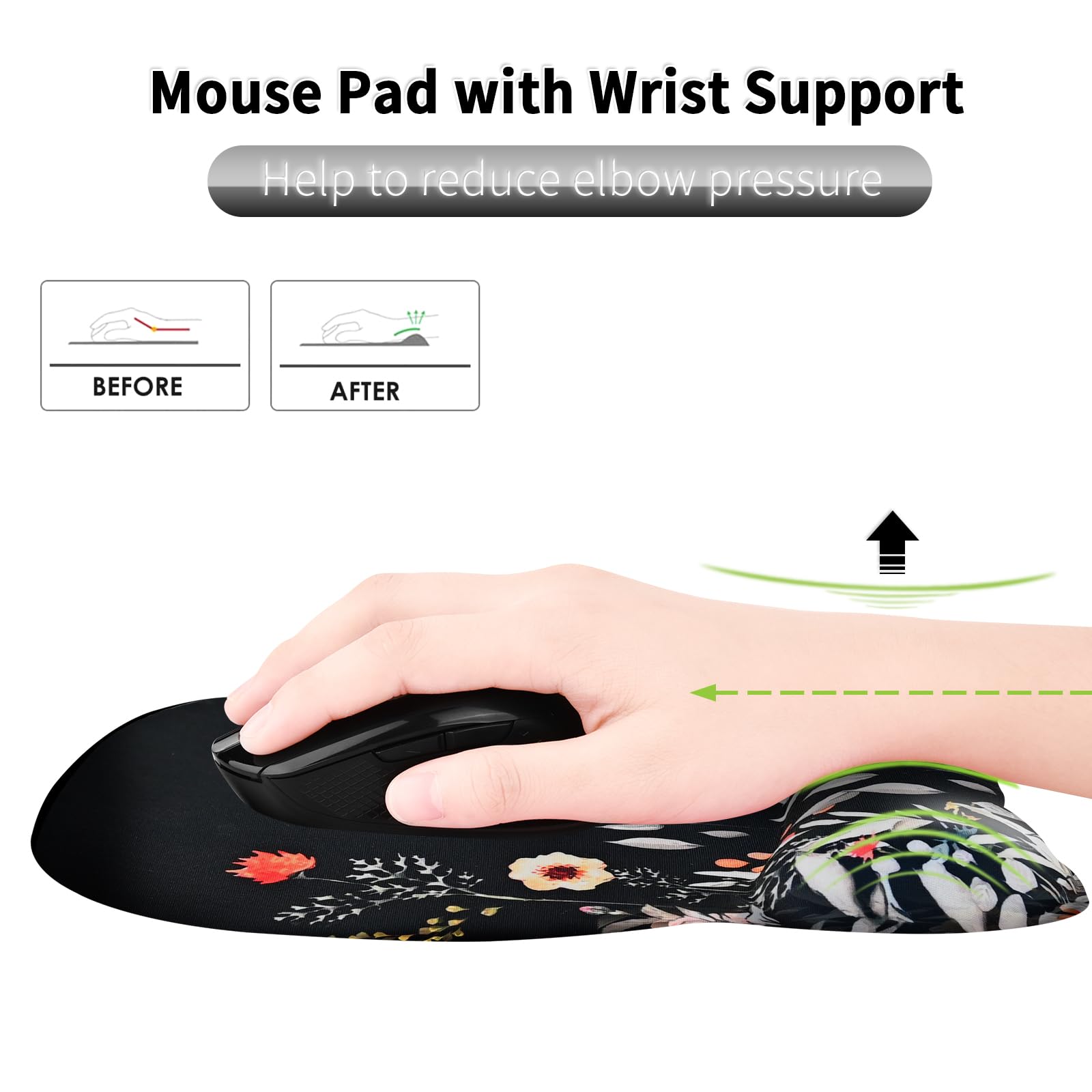 EooCoo Tappetino per Mouse con Comodo Supporto per Il Polso, 4mm Mousepad Poggiapolsi con Materiali Memory Foam, Base in Gomma Antiscivolo - Piccoli Fiori