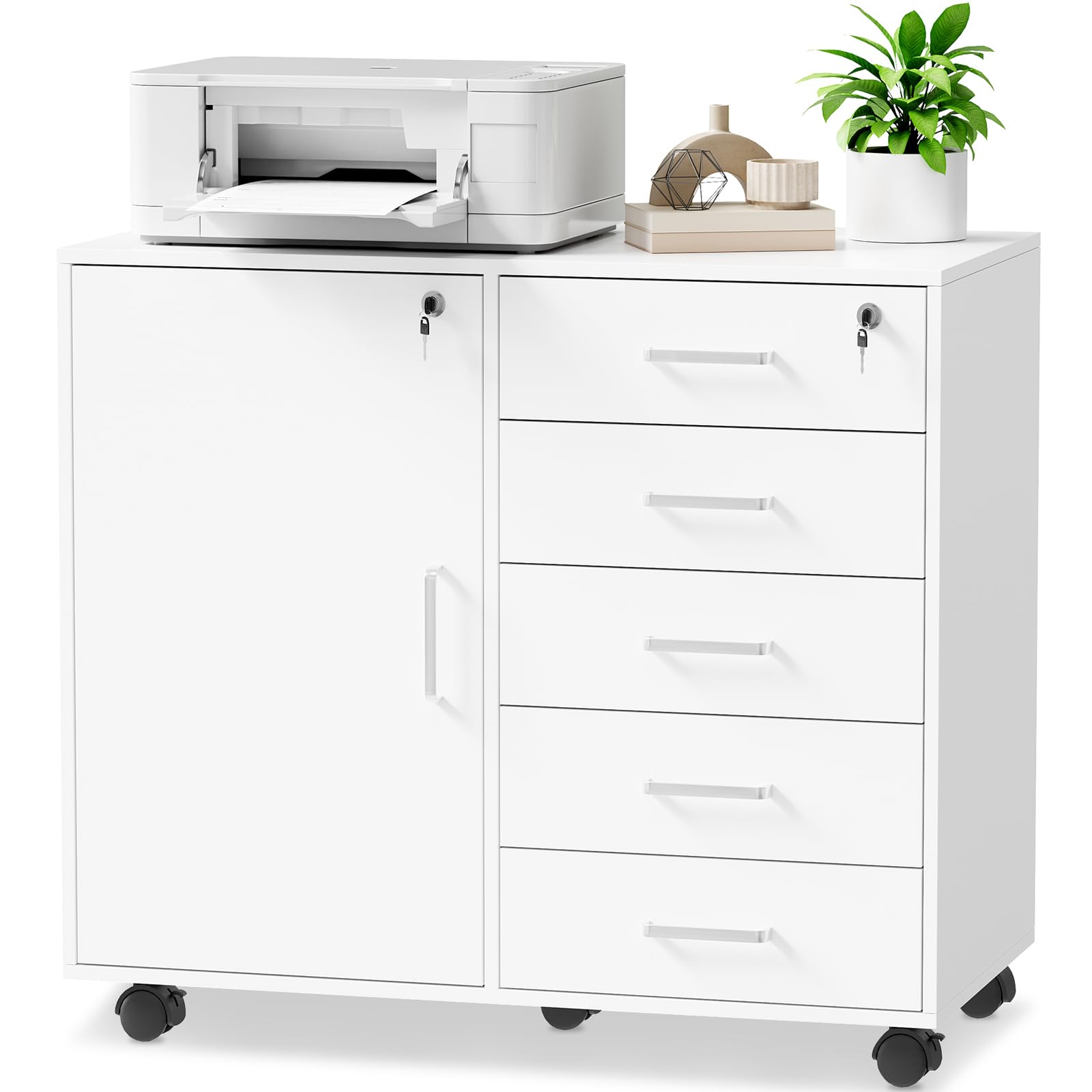 BEWISHOME Armadietto per Documenti con 5 Cassetti, Mobile ufficio con chiave, Cassettiera Ufficio con Ruote, Armadio ufficio con 3 Ripiano Regolabile, Manico in metallo, 78x40x65,5 cm, Bianco EBWG01W