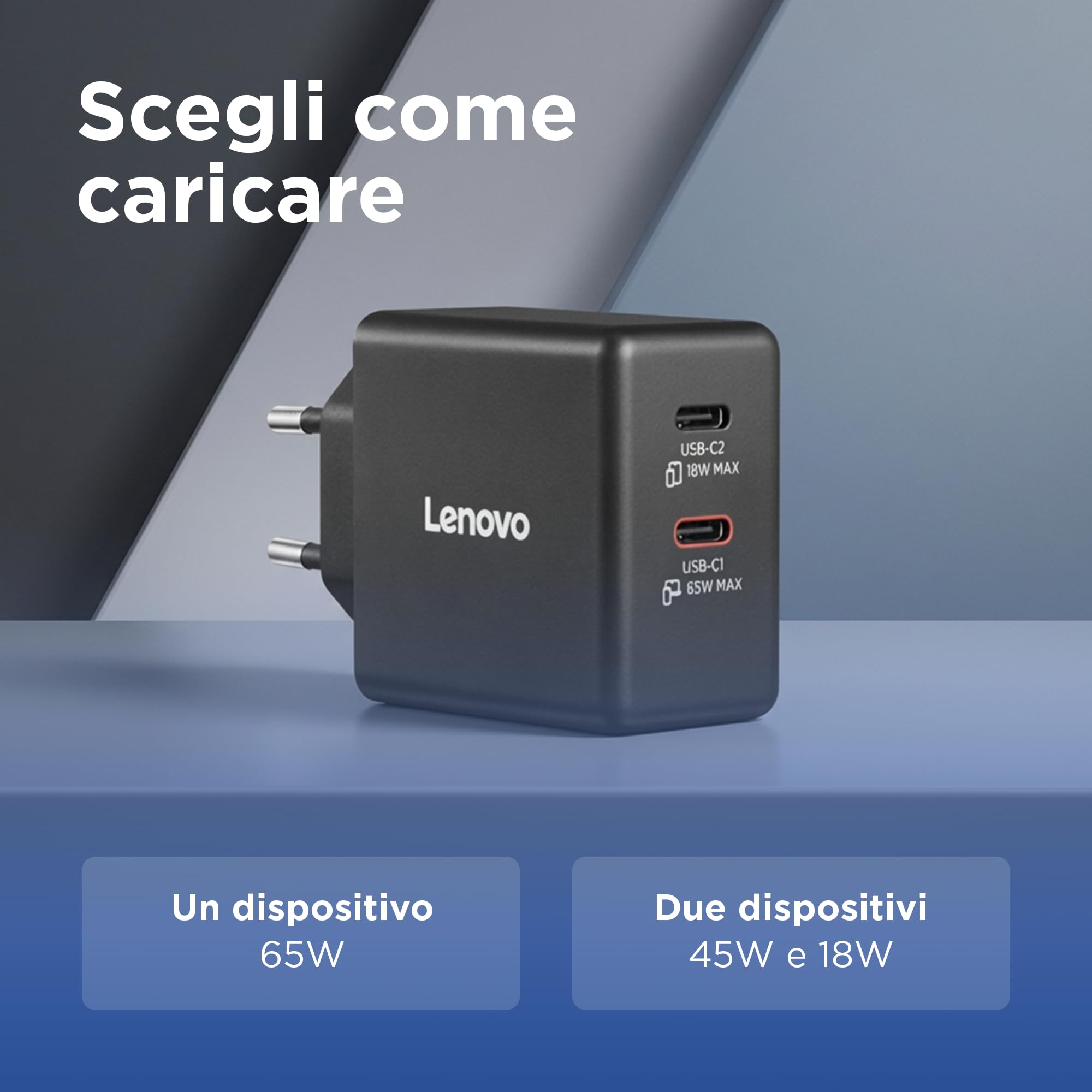 Lenovo Dual USB-C 65W GaN Charger, alimentatore compatto da muro con doppia Type-C, cavo USB-C 1,5 m incluso - ideale per laptop, cellulare e tablet: un solo caricabatterie per più dispositivi