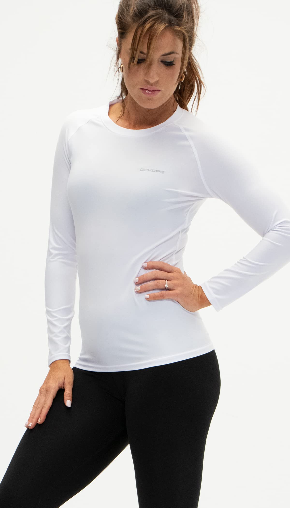 DEVOPS Women's Compression Long Sleeve Athletic Shirts (Medium, White/White/White)