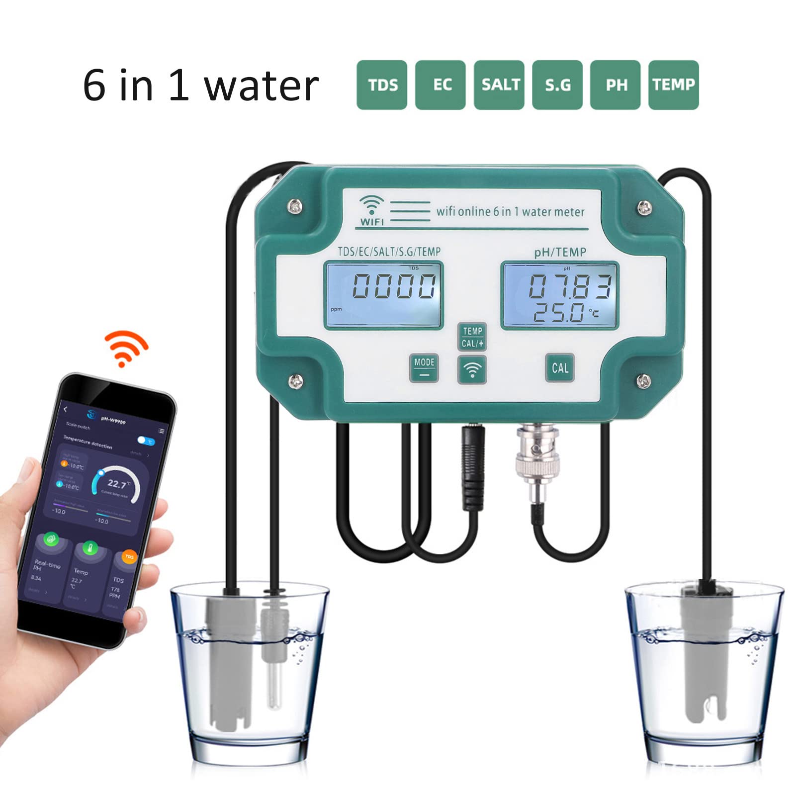 Miernik TDS, 6 in1 PH EC SG Temperatura soli WiFi APP Alarm 0-19990ppm Tester jakości wody, 0-199.9ppt 32-122°F Elektroniczny tester wody do wody pitnej, studni, basenu, akwarium,(UE 220‑240V)