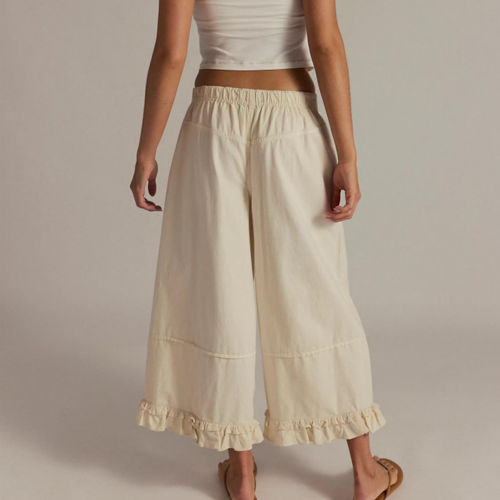Jeans con dobladillo con volantes para mujer, tiro medio, pierna ancha, pantalones de mezclilla holgados con cintura elástica y bolsillos