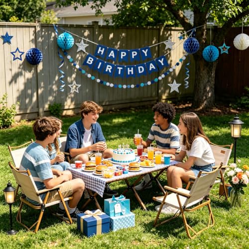 Image of Blue Birthday Decorations for Men | Pre-Strung Happy Birthday Banner with Honeycomb Balls, Circle Dots & Streamers Kit
